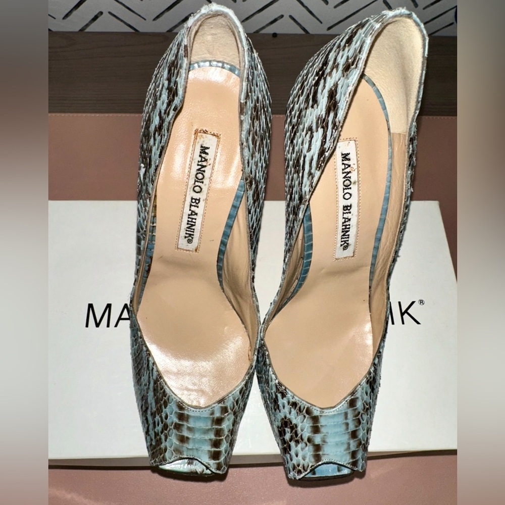 Manolo Blahnik Teal Snake-Print Open-Toe Stiletto Heels